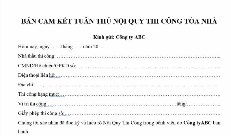 Bản cam kết tuân thủ nội quy thi công toà nhà