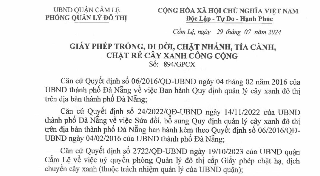 Mẫu đơn xin chặt cây, cắt tỉa, di dời cây xanh