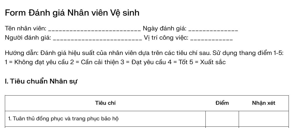 tiêu chí đánh giá nhân viên vệ sinh tạp vụ