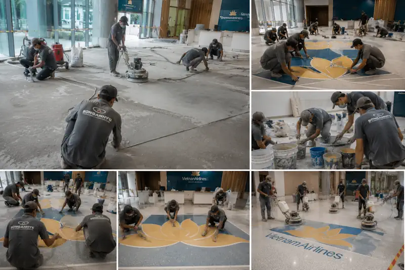 Thi công terrazzo logo trên sàn