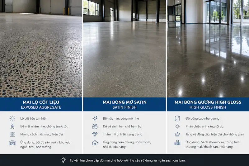 Các mức độ hoàn thiện khi thi công sàn bê tông mài đánh bóng: mài lộ cốt liệu, bóng mờ satin, bóng gương high gloss