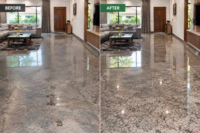 ẢNh thi công trước - sau quá trình đánh bóng phục hồi sàn đá granite